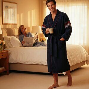 Vintage 1980s Oakton Limited Mens Robe USA Made Navy Tall Retro Loungewear Cozy